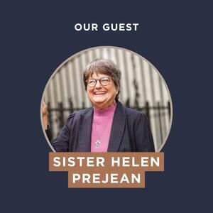 Sister Helen Prejean Photo of Sister Helen Prejean smiling, wearing glasses and a pink turtleneck under a blue blaze