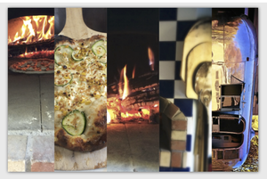 Fire on the Bluff pizza trailer inside and out plus pizza Collage of 5 Fire on the Bluff oven and pizza photos